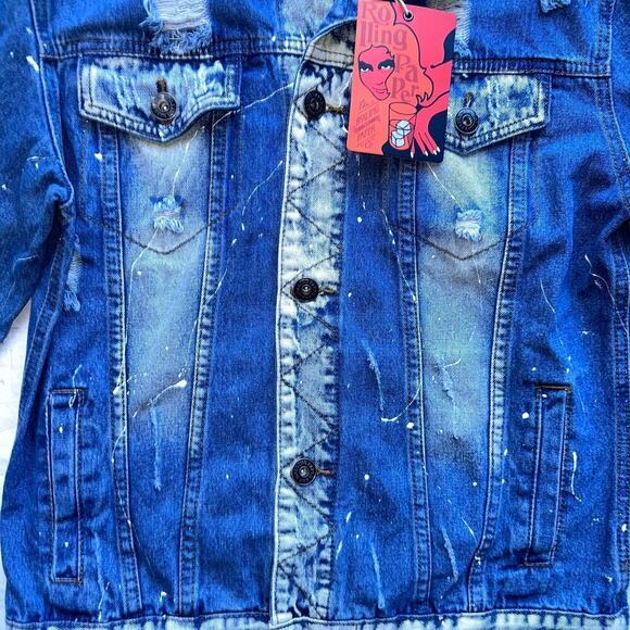 NWT Unisex Adult Medium Rolling Paper Distressed Denim Jean Trucker Jacket - Picture 4 of 8